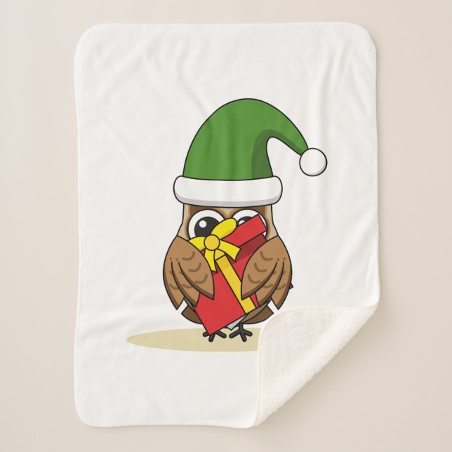 Cobertor Sherpa Elf Owl de Natal com Presente (Frente)