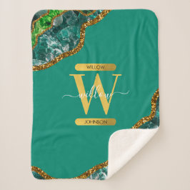 Cobertor Sherpa Emerald Green & Dourado Agate Geode Glitter Monogr