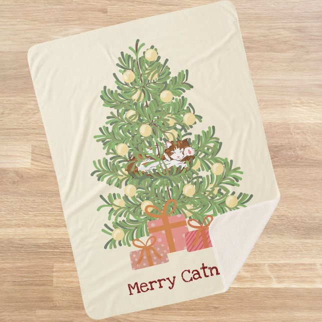 Cobertor Sherpa Engraçado Gato e Felizes de Árvore de Natal! Cream (Criador carregado)