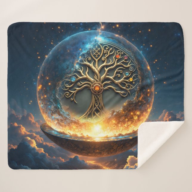 Cobertor Sherpa Esfera da Vida – A Árvore do Mundo Dourada.  (Frente (Horizontal))