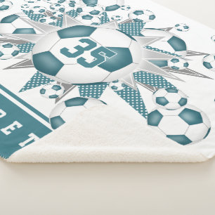 Cobertor Sherpa esferas de futebol branco teal estrelas esportes p