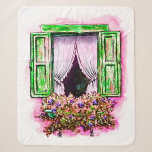 Cobertor Sherpa Esquema de aquarela janela tradicional antiquada