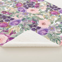 Cobertor Sherpa Estiloso Floral Boho Aquarela Rosa Roxo