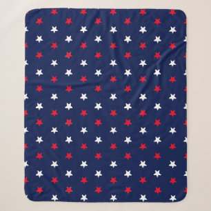 Cobertor Sherpa Estrelas brancas vermelhas, padrão de fundo azul 