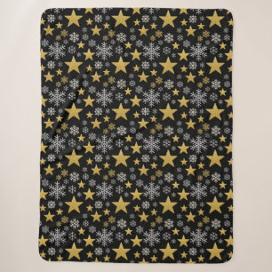 Cobertor Sherpa Estrelas Douradas, Flocos de Neve Prateados, Fundo