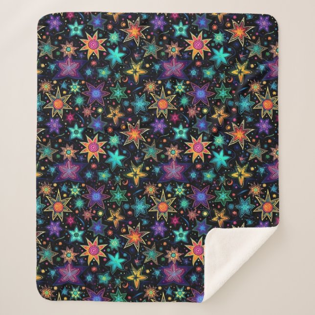 Cobertor Sherpa Estrelas neon modernas em preto (Frente)