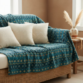 Cobertor Sherpa Ethnic Striped Throw Blanket in Ocean Blue