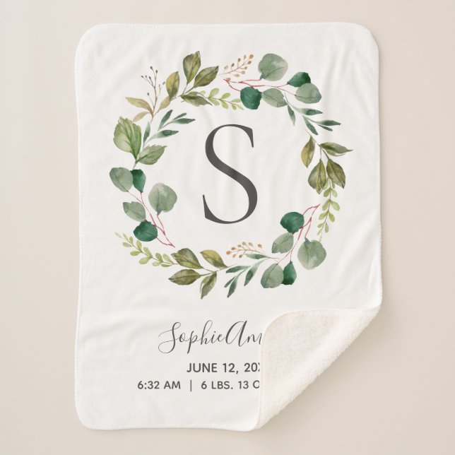 Cobertor Sherpa Eucalyptus Leafy Wreath Baby Monogramas (Frente)