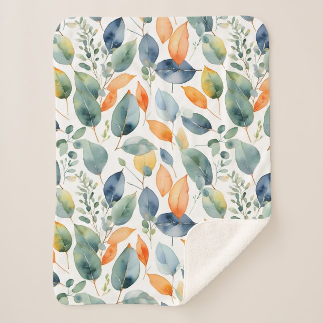 Cobertor Sherpa Eucalyptus Plantas Verde Laranja 350 Aquarela (Frente)
