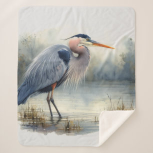 Cobertor Sherpa Excelente de Aquarela Azul Herão Água Aves Selvage
