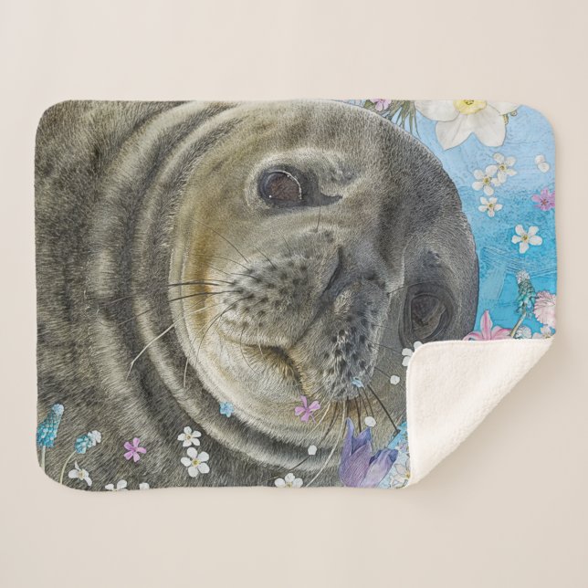 Cobertor Sherpa Fairytale Sealion no Oceano de Flores (Frente (Horizontal))