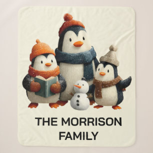 Cobertor Sherpa Família de Pinguins de Inverno com Boneco de Neve