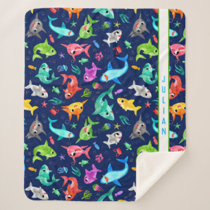 Cobertor Sherpa Família de Tubarão de Aquarela Personalizada Adorá