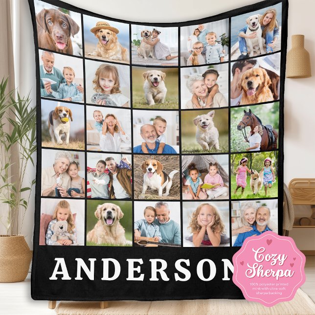 Cobertor Sherpa Family 25 Photo Collage Personalized Name Black (Criador carregado)