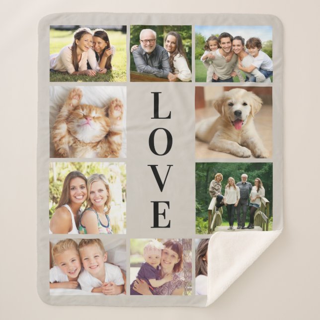 Cobertor Sherpa Family Love 10 Photo Collage Taupe (Frente)