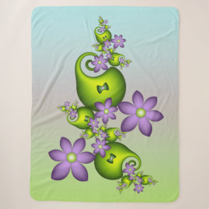 Cobertor Sherpa Fantasia Floral Flores Lilás Formas Verdes Fractal