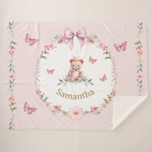 Cobertor Sherpa Fantasias Florais Rosa e Abraços de Ursinho 