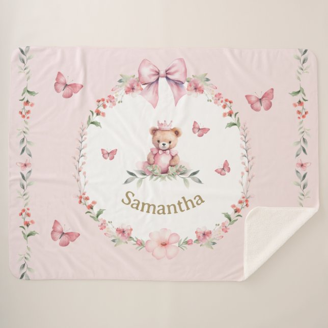 Cobertor Sherpa Fantasias Florais Rosa e Abraços de Urso Teddy (Frente (Horizontal))