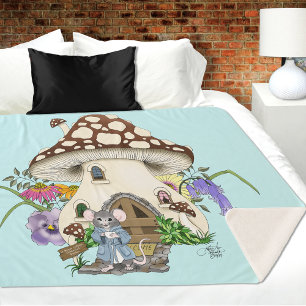 Cobertor Sherpa Fantasioso Rato Casa Cogumelo Floral Azul