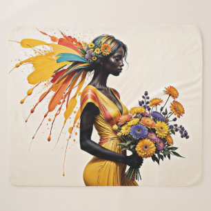 Cobertor Sherpa Fantasy African Girl yellow blue beige bright art