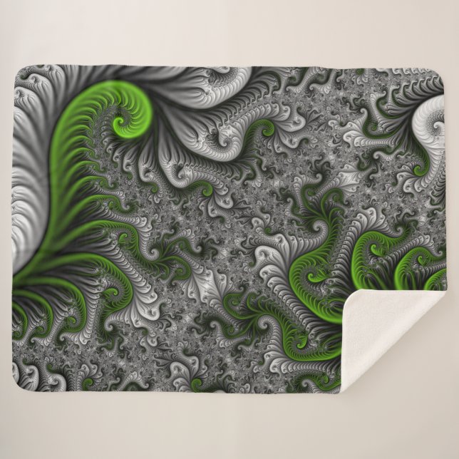 Cobertor Sherpa Fantasy Mundo Verde E Arte Fractal Cinza (Frente (Horizontal))