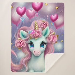 Cobertor Sherpa Fantasy White Baby Unicorn com Corações Rosa