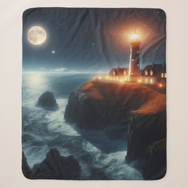 Cobertor Sherpa Farol náutico/costeiro à noite com lua (Frente)