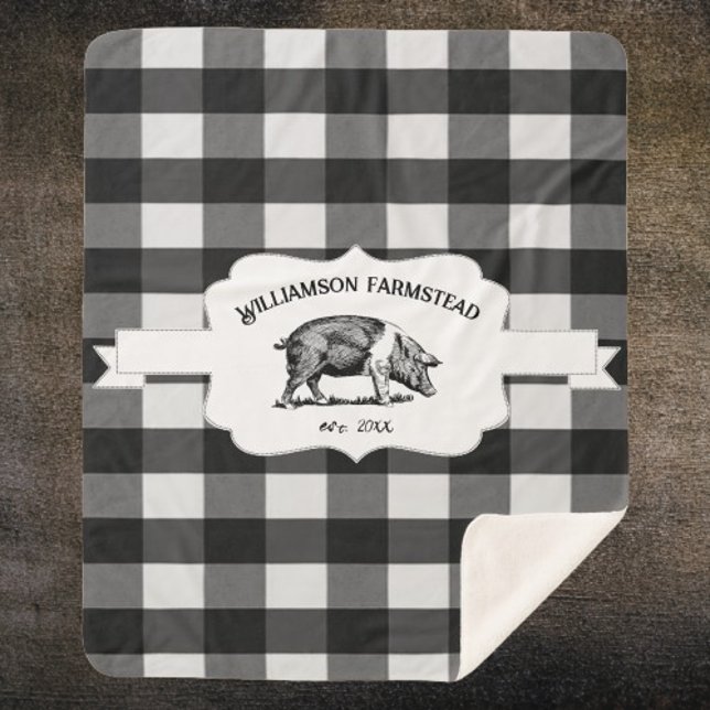 Cobertor Sherpa Fazenda de Buffalo Negro Pig Sherpa Blanket (Black Buffalo Plaid Farm Pig Personalized Sherpa Blanket)