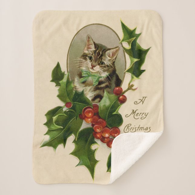 Cobertor Sherpa Feliz de Natal Holly Kitten Arte Antiquada (Frente)