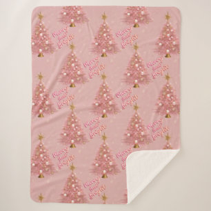 Cobertor Sherpa Feliz Dourada rosa e árvore de Natal brilhante