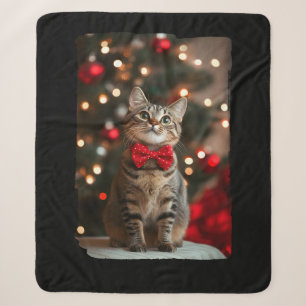 Cobertor Sherpa Feliz gato cortado de Natal com luzes de árvore de