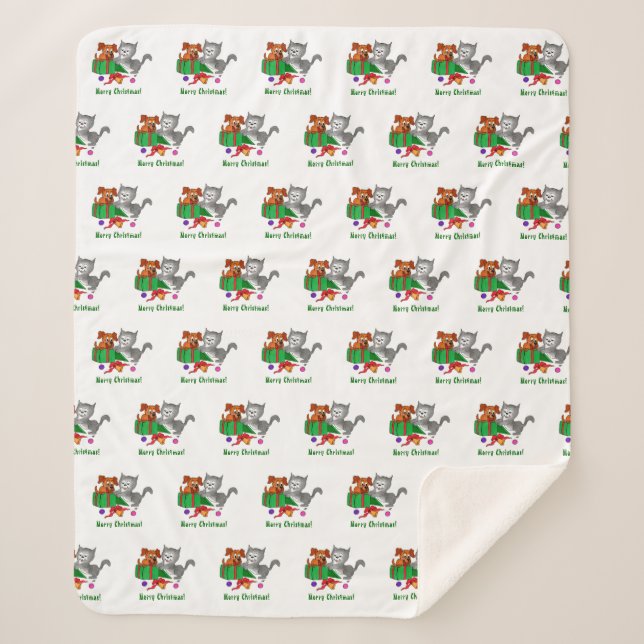 Cobertor Sherpa Feliz Natal com Cat e Puppy (Frente)