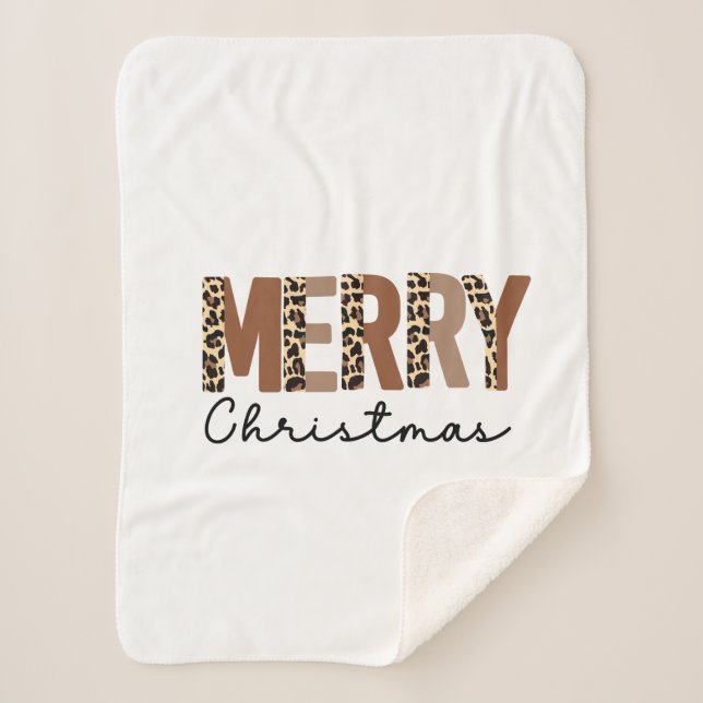 Cobertor Sherpa "Feliz Natal" Moderno Bloqueio de Cor Leopard Boho (Frente)