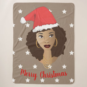 Cobertor Sherpa Feliz Natal, Mulher Negra, Estrelas Brancas, Marro