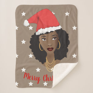 Cobertor Sherpa Feliz Natal, Mulher Negra, Estrelas Brancas, Marro