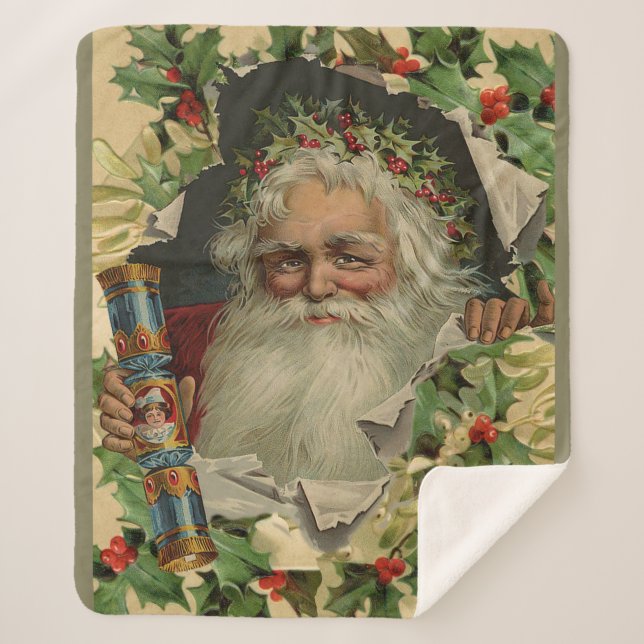 Cobertor Sherpa Feliz Natal Pai Natal Claus Antiquado clássico (Frente)