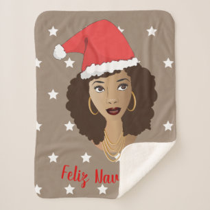 Cobertor Sherpa Feliz Navidad, Mulher Negra, Estrelas Brancas, Mar