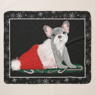 Cobertor Sherpa Filhote de Bulldog Francês no Chapéu do Papai Noel