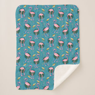 Cobertor Sherpa Flamingo Birds 20s Deco Ferns Padrão Pink Teal