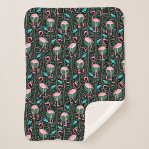 Cobertor Sherpa Flamingo Birds 20s Deco Ferns Padrão Preto Rosa