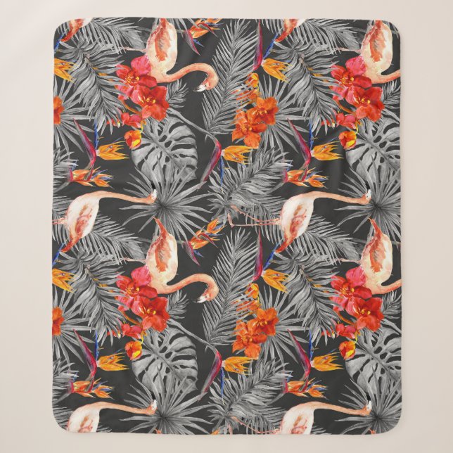 Cobertor Sherpa Flamingo e flores, padrão monocromático. (Frente)