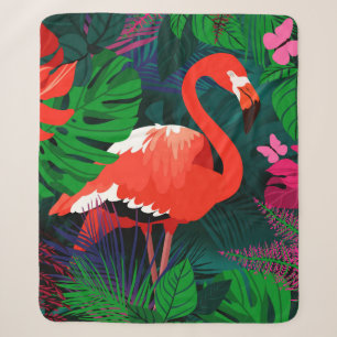 Cobertor Sherpa Flamingo rosa. Folhas tropicais, borboleta rosa, 