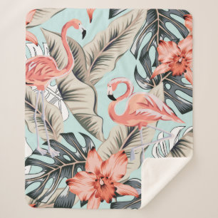 Cobertor Sherpa Flamingo rosa tropical com flores de orquídeas e l