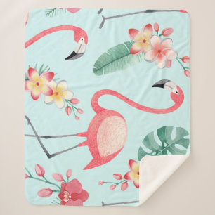 Cobertor Sherpa Flamingos Flores Tropicais Padrão de Aquarela