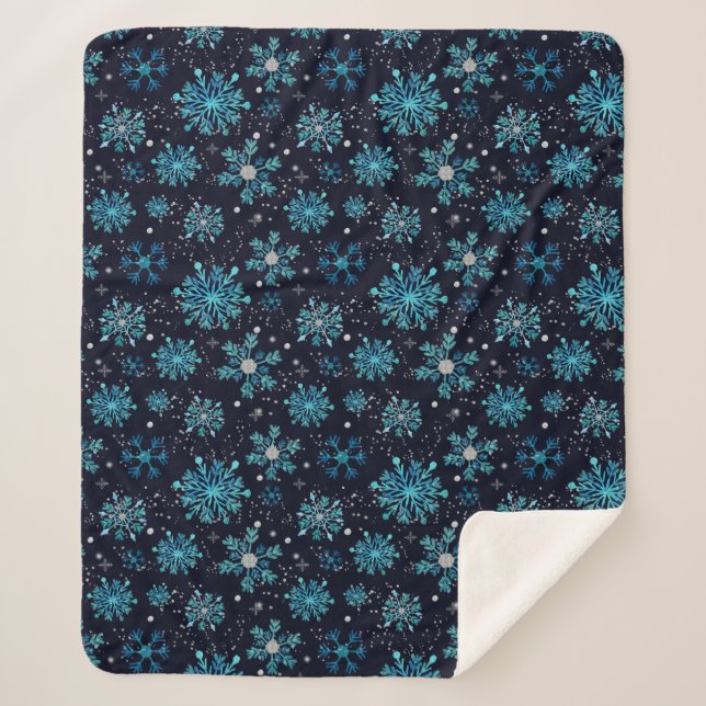 Cobertor Sherpa Flocos de Neve de Inverno Azul e Prata (Frente)