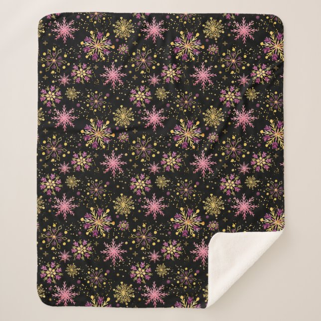 Cobertor Sherpa Flocos de neve Dourados e pretos de inverno (Frente)