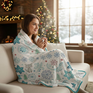 Cobertor Sherpa Flocos de Neve Elegantes e Estilizados Raposa & Ár