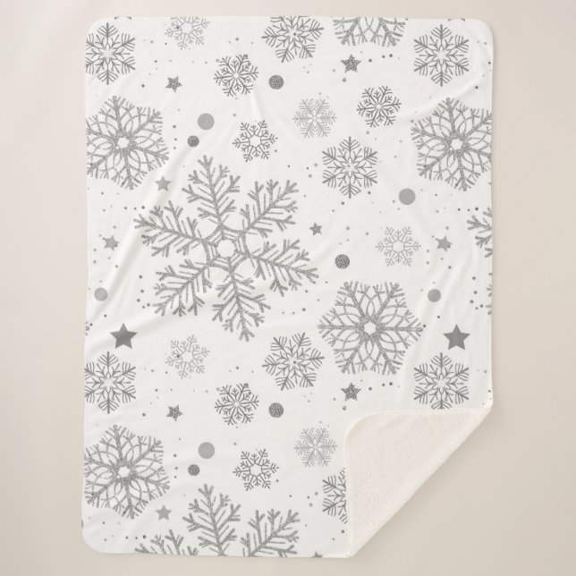 Cobertor Sherpa Flocos de neve prateados em branco (Frente)