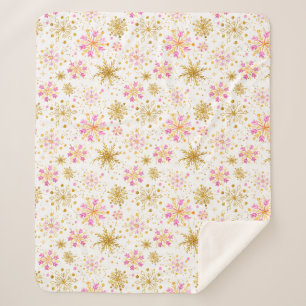 Cobertor Sherpa Flocos de Neve Rosa e Dourado de Inverno
