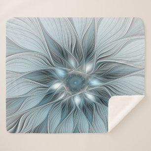 Cobertor Sherpa Flor Abstrata Alegre Azul Cinza Floral Fractal